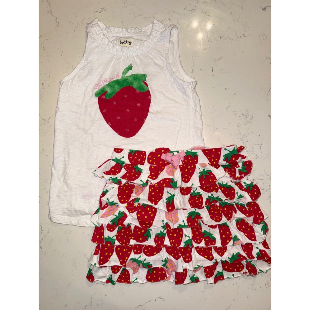 Hatley Girls Strawberry Tank Top and Tiered Ruffle Skirt Set White Red Size 6‎
